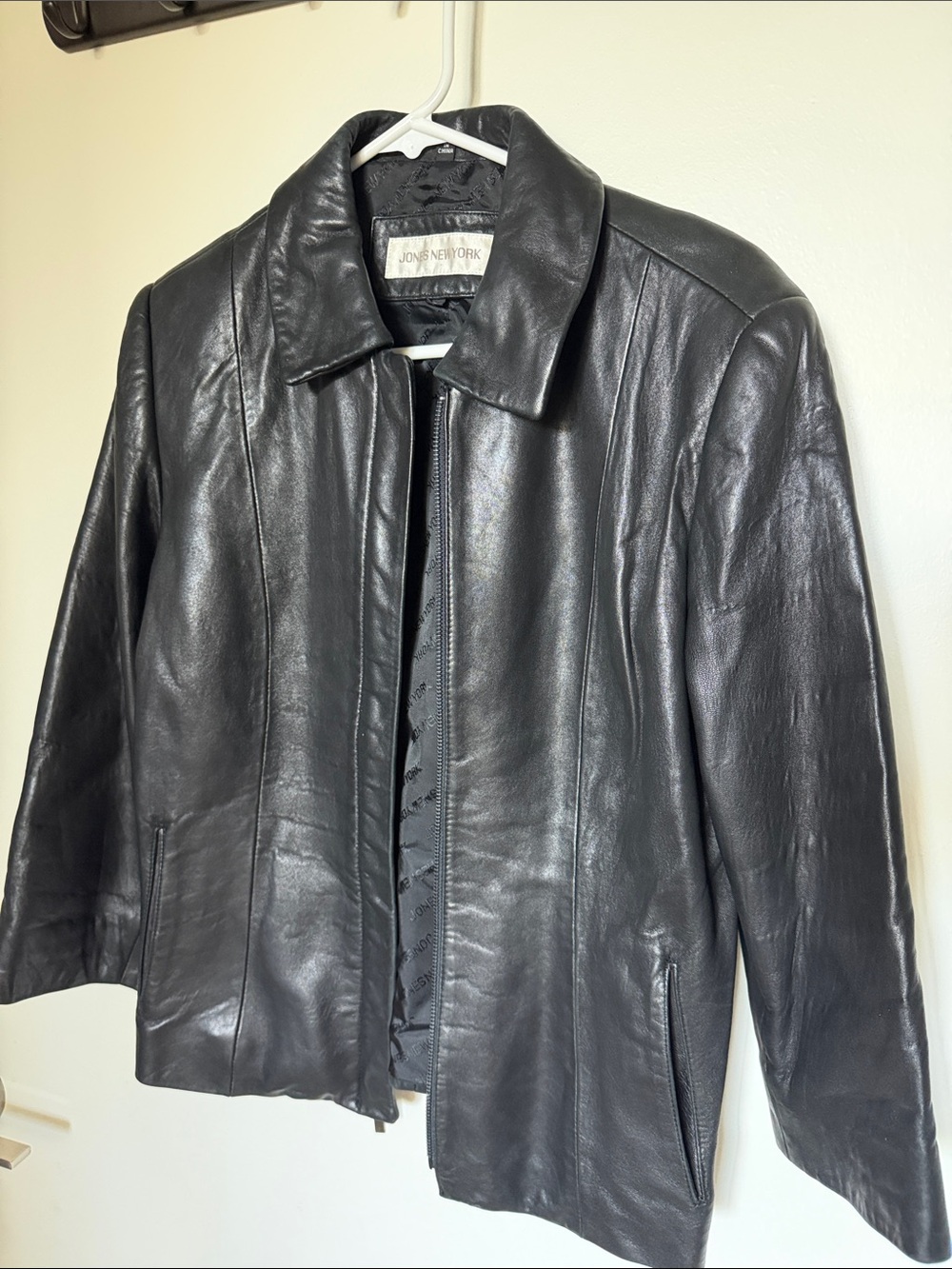 Vintage 100% Leather Jones New York Black Leather Zip-Up Y2K Coat